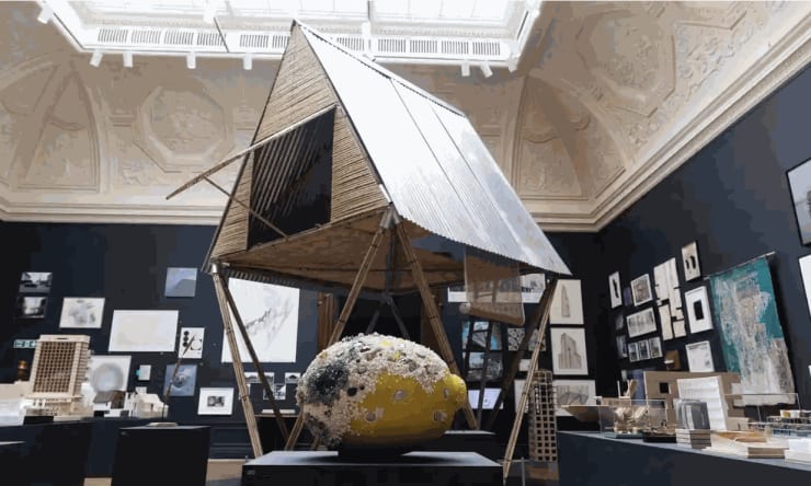 Marina Tabassum’s Khudi Bari in the architecture room at the Summer Exhibition 2022. Photograph: David Parry/Royal Academy of Arts