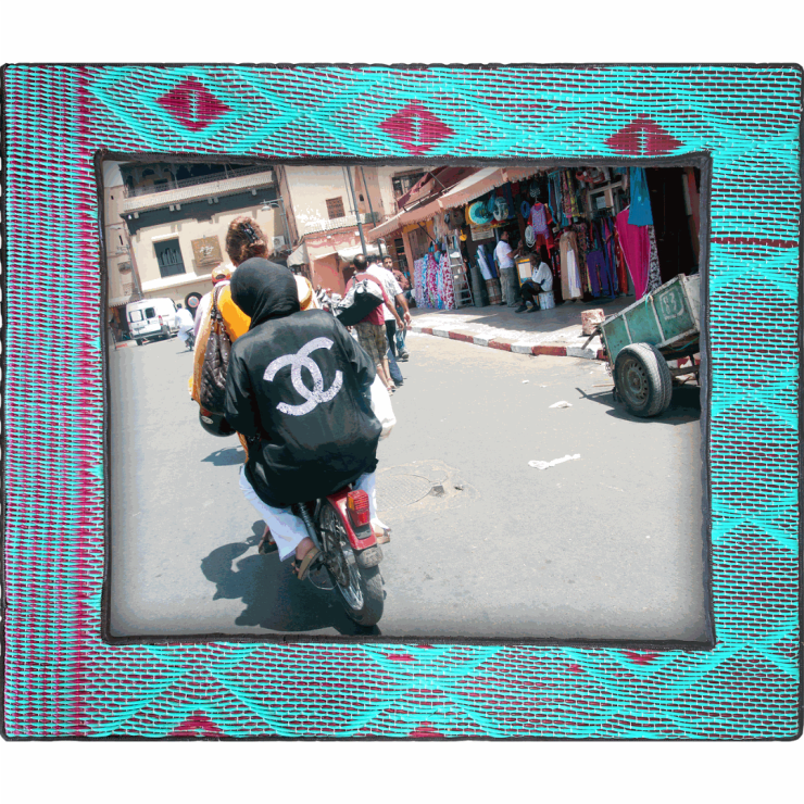 Hassan Hajjaj, Chanel Back, 2010, Metallic Lambda on 3mm dibond Frame: Wood, tyre, plastic mat (Red diamonds on turquoise background, Moroccan) and perspex, 64 x 54 cm (framed), Edition of 5, 2AP
