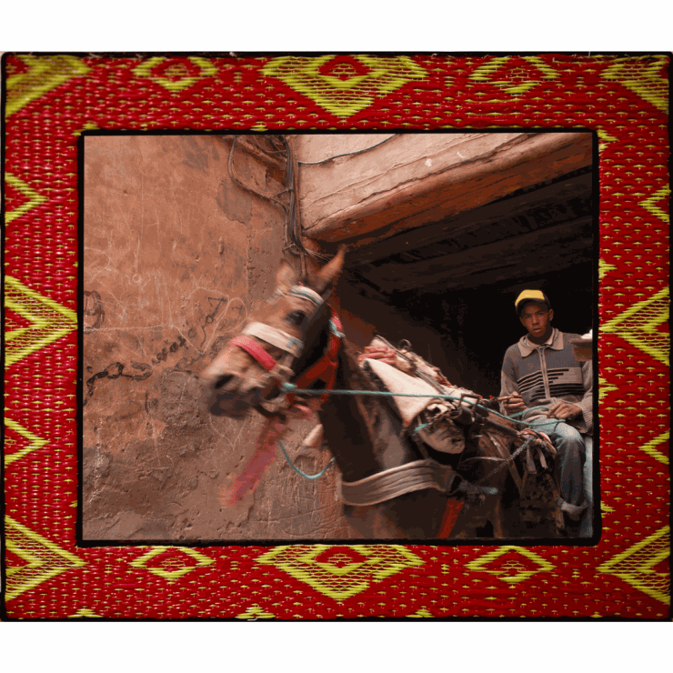 Hassan Hajjaj, Marrakesh Hmar Rider, 2010, Metallic Lambda on 3mm dibond Frame: Wood, tyre, plastic mat (lime green diamonds on red background, Moroccan) and perspex, 63.7 x 54 cm (framed), Edition of 5, 2 AP