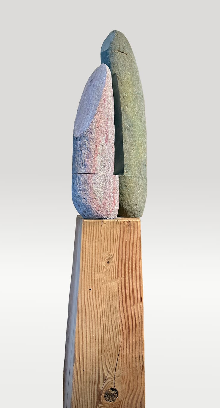 Kamran Samimi, Reunion, Reunion, rose and green, 2024-2025, Quartzite and Reclaimed wood, 15.24 x 66.04 x 15.24 cm