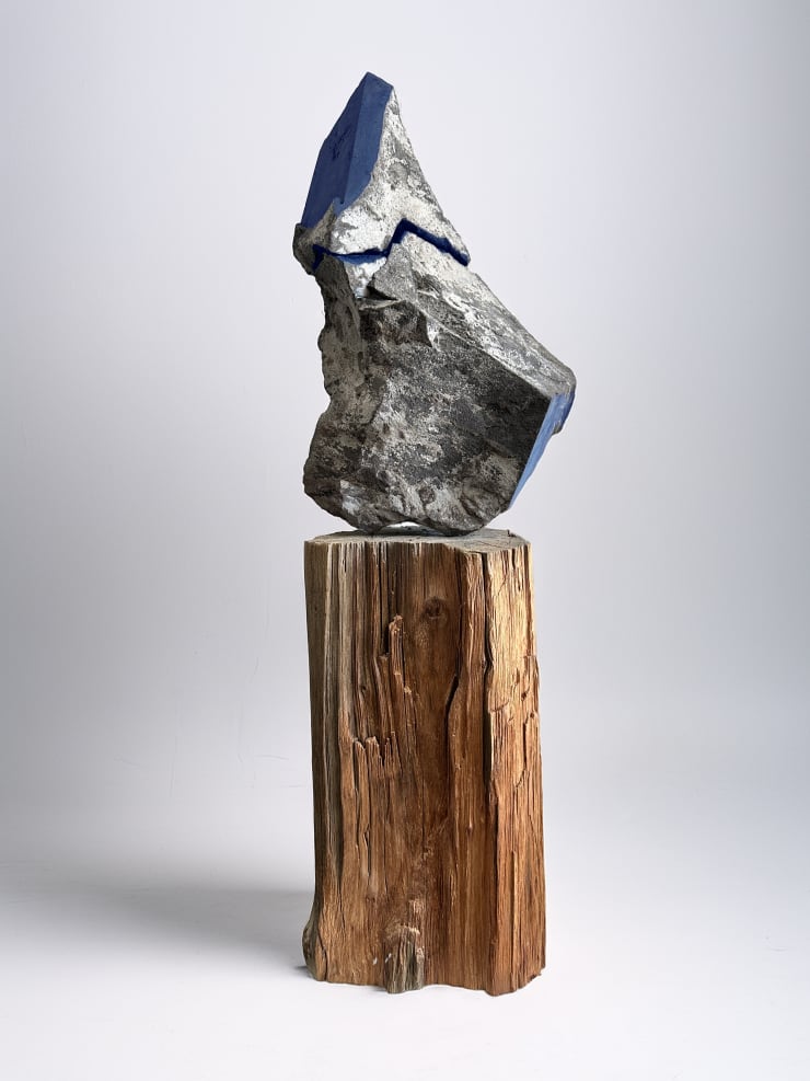 Kamran Samimi, Wave Stone, 2024-2025, Basalt, indigo,ʻōhiʻa wood, 20.32 x 15.24 x 63.50 cm