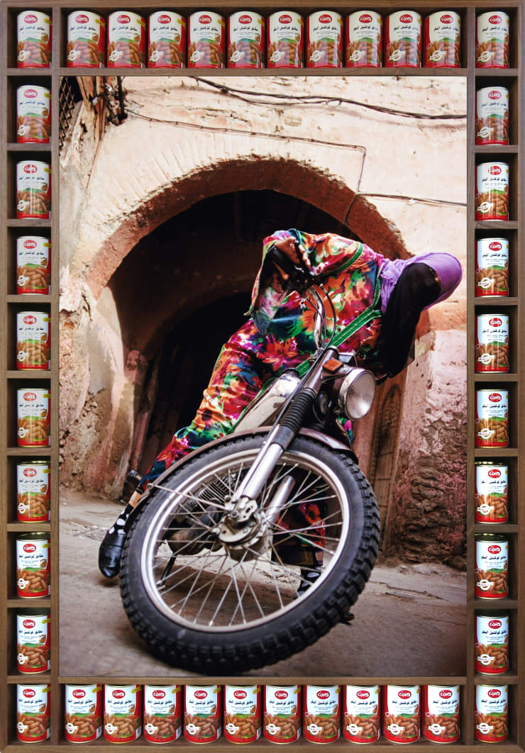Hassan Hajjaj, Karima Rider, 2010, Metallic lambda on 3mm Di-bond in walnut with objects, 141 x 98.5 x 8.5 cm.