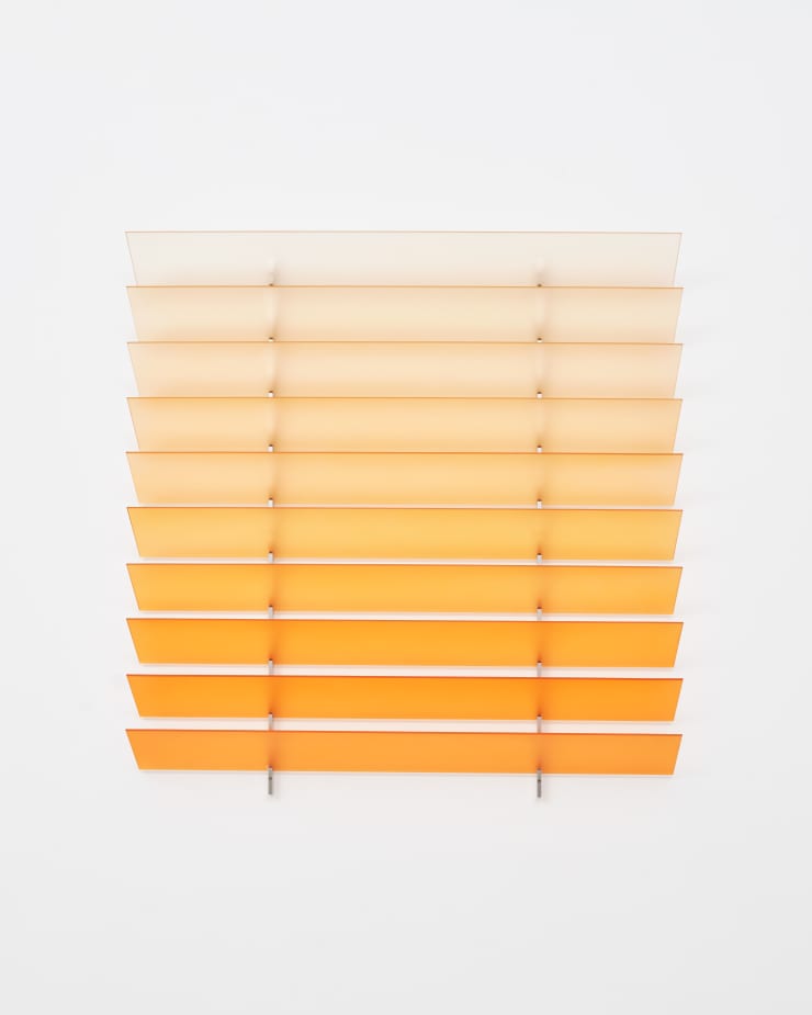 Rana Begum, No.1433 Louvre, 2025, Painted glass and stainless steel, 112.3 x 100 x 14 cm.