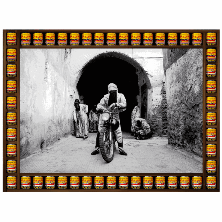 Hassan Hajjaj, Henna Crew, 2010, Metallic Lambda on 3mm dibond. Frame Walnut with 48 x Medium car paint tins, 76.20 x 111.80 cm