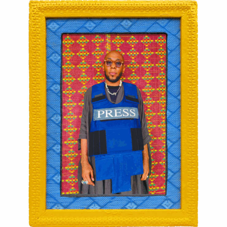 Hassan Hajjaj, Y B 4 Press heroes in Gaza, 2023 / 1445, Metallic Lambda on 3mm dibond, Frame: Tyre painted yellow, wood & perspex, 48 x 73 cm, Framed: 74 x 99 x D:5 cm, Edition 1 of 7, 2 AP