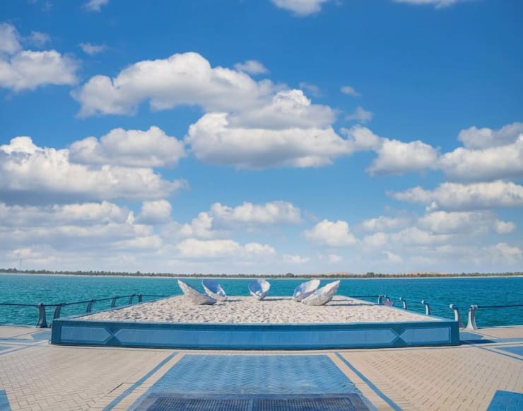 Farah Al Qasimi, Homesickness, 2024, Aluminium, speakers. Commissioned by the Department of Culture and Tourism – Abu Dhabi for the Public Art Abu Dhabi Biennial 2024–2025. Photos by Farah Al Qasimi