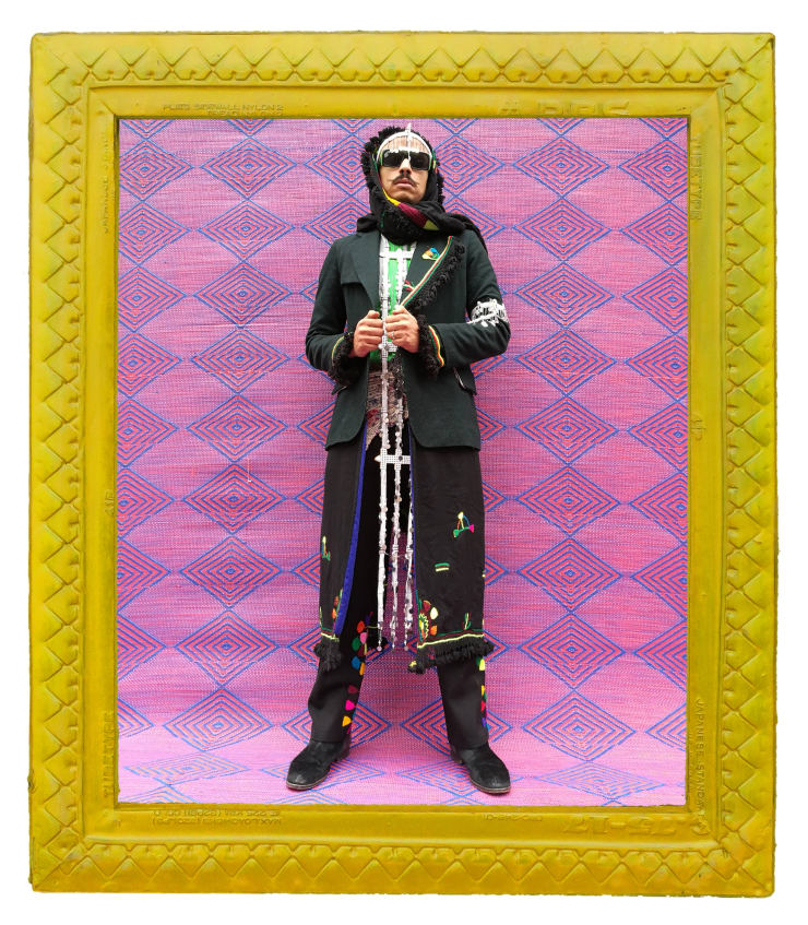 Hassan Hajjaj Amine Stylin', 2016 / 1437 Metallic Lambda on Kodak paper on 3mm dibond Frame: Wood, yellow tyre and perspex 51.8 x 42.3 cm Framed: 62.5 x 53 cm Edition 1 of 10 plus 3 AP