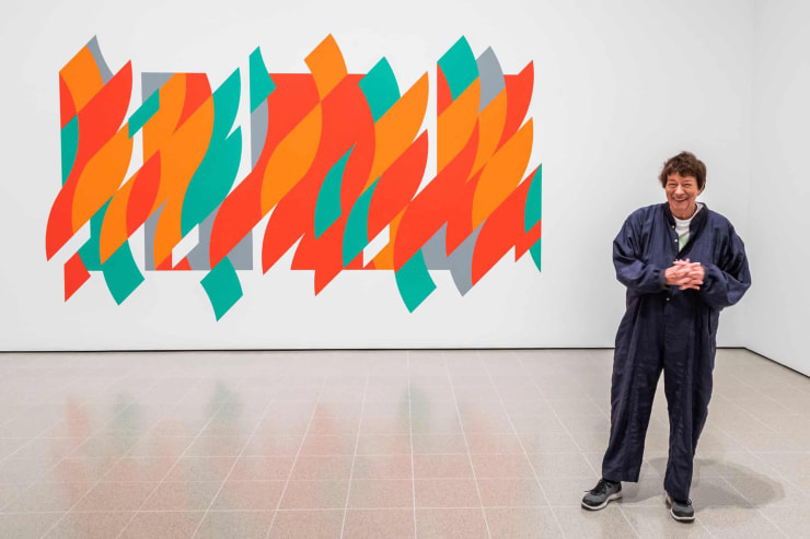 Bridget Riley at the Hayward Gallery with her 2012 work Rajasthan: ‘a dream that appears to float in mid-air’. Photograph: Guy Bell/Rex/Shutterstock