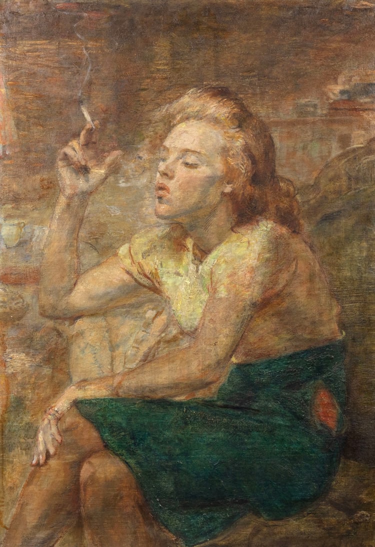 Isabel Bishop (1902-1988) Blowing Smoke Rings, 1938 Signed at lower right: Isabel Bishop Oil on panel 20⅛ x 14⅛ inches 51.1 x 35.9 cm SOLD
