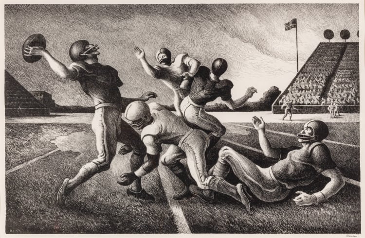 Thomas Hart Benton (1889-1975) Forward Pass, 1972 Signed at lower left: Benton; signed at lower right: Benton Lithograph Image Size: 12¾ x 19¾ inches (32.4 x 50.2 cm) Sheet Size: 18¼ x 24 inches (46.4 x 61 cm) Edition of 250 SOLD