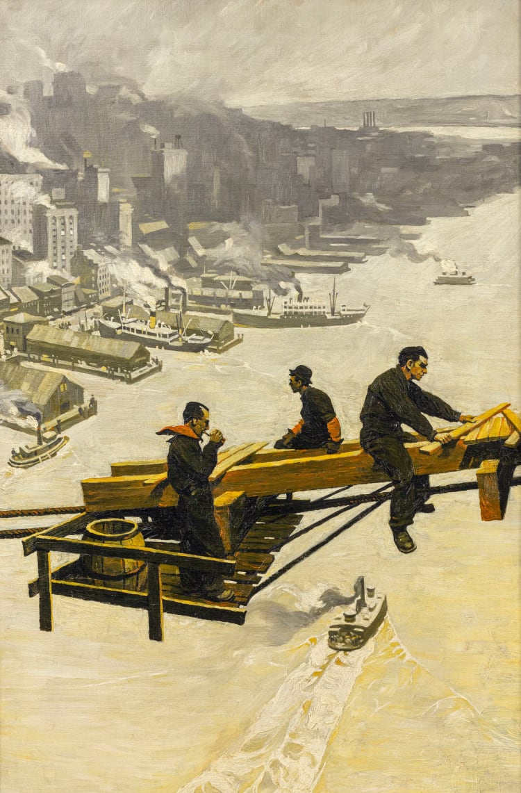 Thornton Oakley (1881-1953) The Weaving of the Bridge, c. 1909 Signed and inscribed on verso: Thornton Oakley / 10 S. 18 St. Philadelphia Oil on canvas 27¼ x 18 inches 69.2 x 45.7 cm SOLD