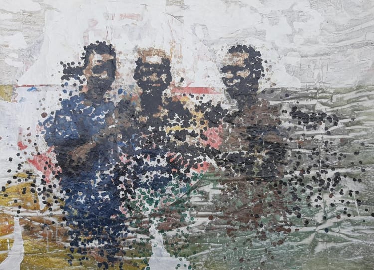 Painting by Saint-Etienne Yeanzi, Ivory Coast artist, melted plastic on recycled paper, depicting young men