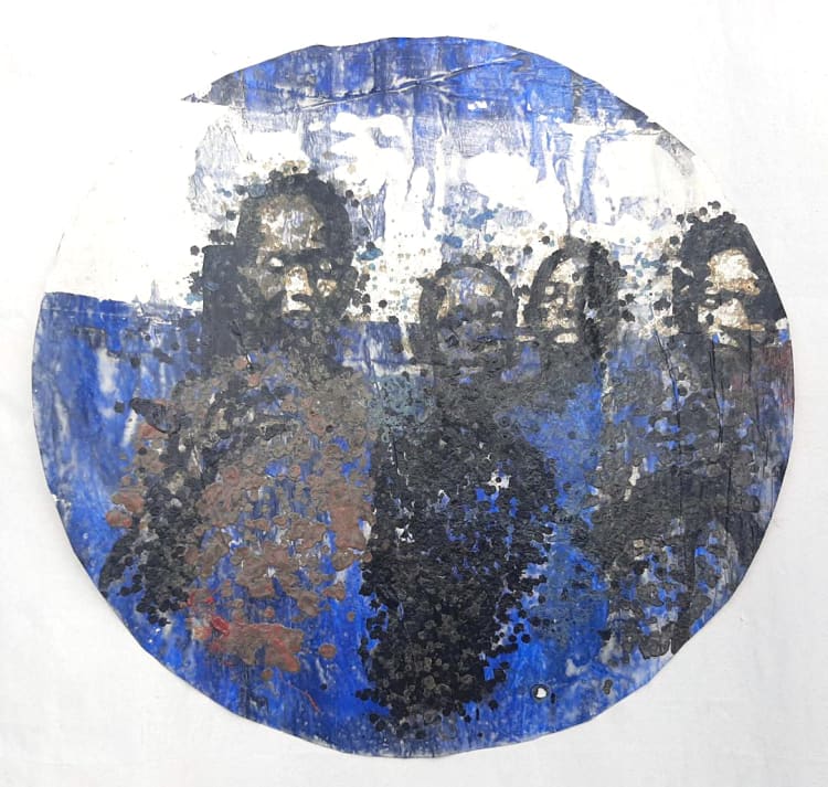 Painting Untitled 1 by Saint-Etienne Yeanzi, Ivory Coast artist, in melted plastic on recycled paper, depicting children