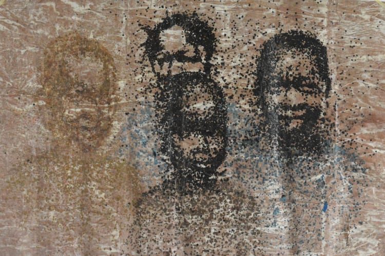 Painting by Saint-Etienne Yeanzi, Ivory Coast artist, melted plastic on recycled paper, depicting children