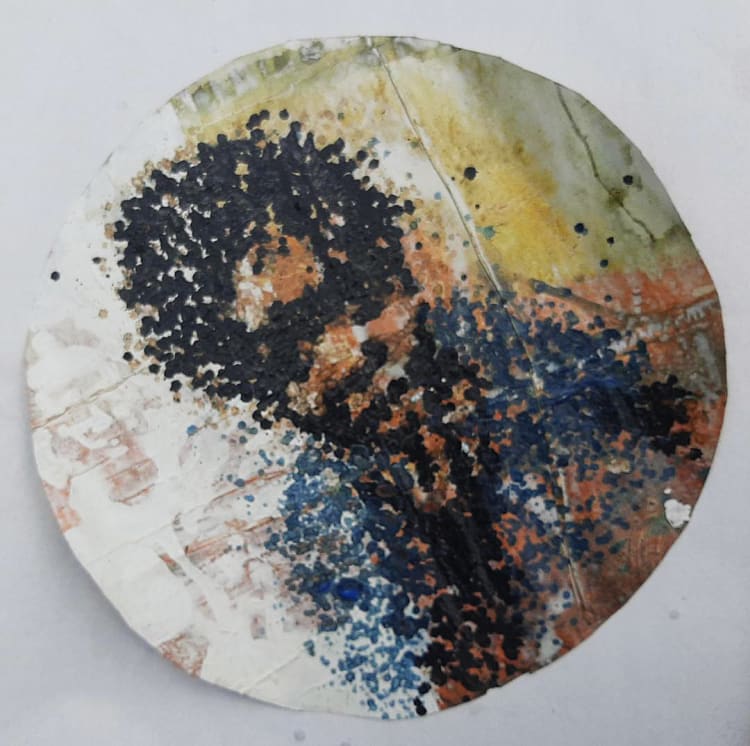 Painting by Saint-Etienne Yeanzi, Ivory Coast Artist, melted plastic on recycled plastic, depicting a child