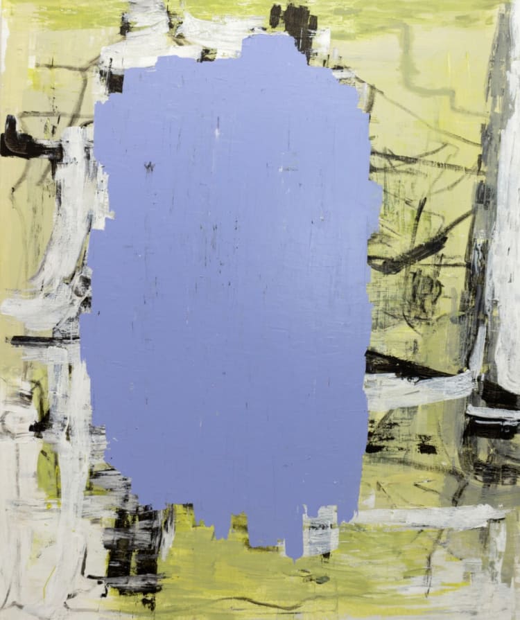 an abstract painting with a large lavender blotch at the center of a canvas with bright yellow, white, black, and grey lines.