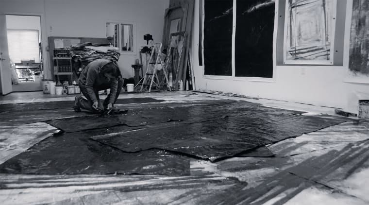 Zheng Chongbin in his studio, at work on Field of Lines No. 1线场 1号, 2013 (plate 43), February 18, 2013.