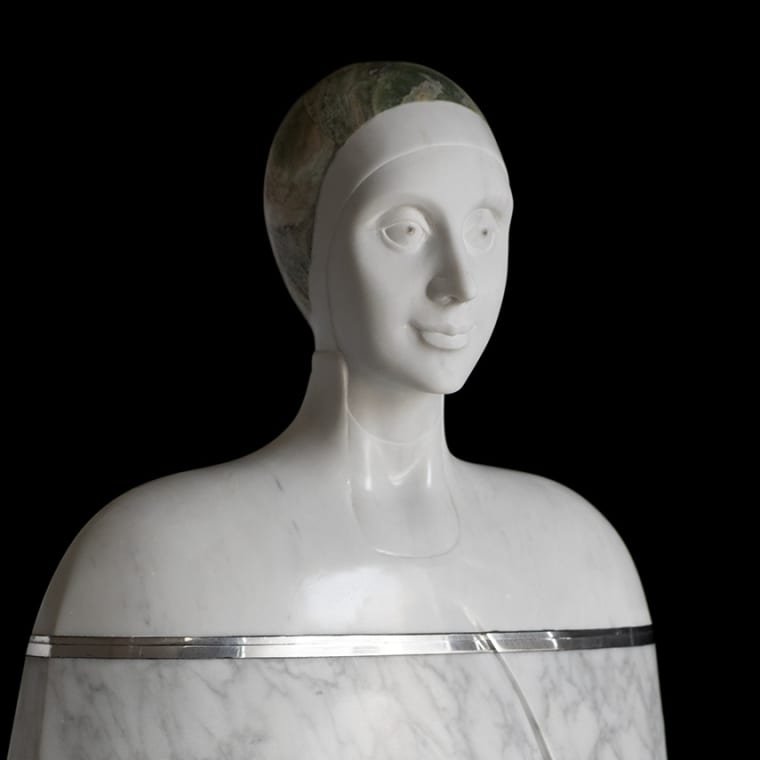 "Tracce di Universo 2" white Carrara marble, onyx, steel and aluminum sculpture by artist Oriano Galloni