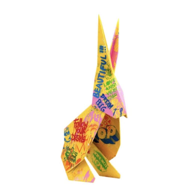 "Imagiro Bunny" stencil and mixed media on painted steel sculpture by artist Mr. Brainwash