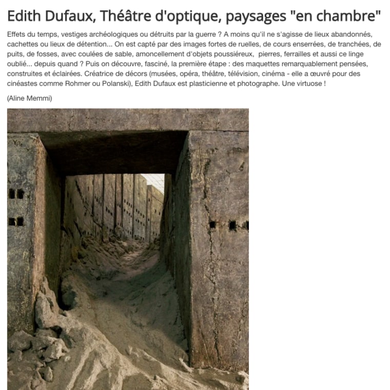 Coups de cœur : Edith Dufaux, Théâtre d'optique, paysages 'en chambre'