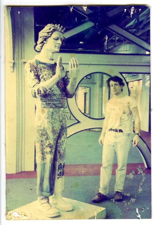 Sean at ART '89 with his 8ft tall ceramic sculpture "Walter In The Art World" 1989