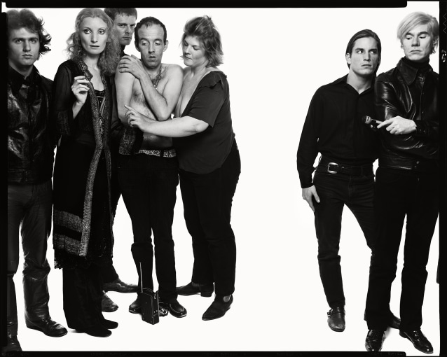 <span class="artist"><strong>Richard Avedon</strong></span>, <span class="title"><em>Andy Warhol and members of the Factory (#5), left to right- Eric Emerson, actor; Jay Johnson, actor; Tom Hempertz, actor, Gerard Malanga, poet; New York</em>, 30 October, 1969</span>