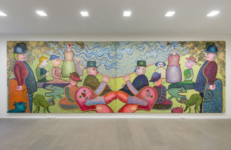 An installation view of Enrico Baj’s “The Double Grande Jatte” (1971) at Luxembourg & Dayan. Credit Photo: Adam Reich, courtesy Luxembourg & Dayan