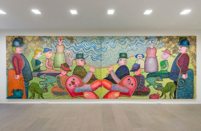 An installation view of Enrico Baj’s “The Double Grande Jatte” (1971) at Luxembourg & Dayan.