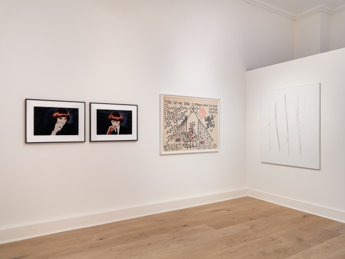 Installation view of Bad Manners. Left to right: Richard Prince and Cindy Sherman, Untitled (Double Portrait) (1980); Keith Haring and Jean-Michel Basquiat Untitled (1980); Georg Herold, Reparation (1988). Photo: Damian Griffiths Photography.