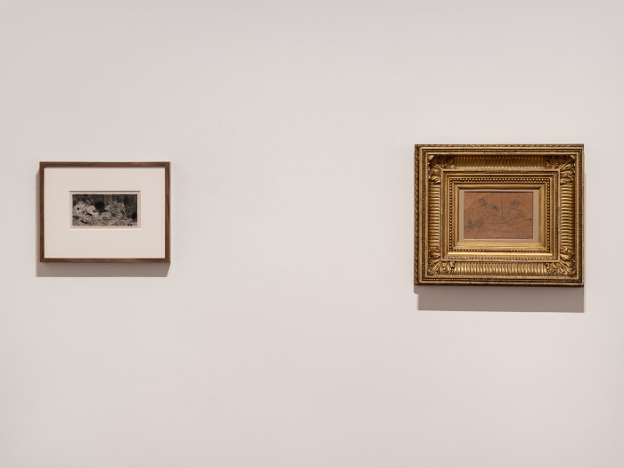 Installation view of Bad Manners. Left: Jake Chapman, In the Realm of the Hopeless (2022). Right: Édouard Manet, Étude pour 'Olympia' (1862).  Photo: Damian Griffiths Photography.