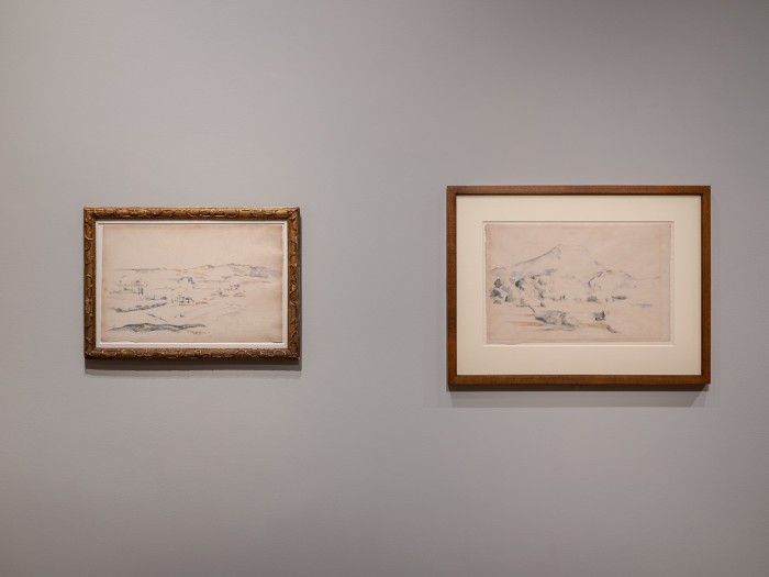 Left: Paul Cezanne, Paysage provençal (environs de Gardanne?), c.1885. Private Collection.  Right: Paul Cezanne, La Montagne Sainte-Victoire, c.1885-87. The Courtauld Gallery, London (Samuel Courtauld Trust).  Photo: Damian Griffiths.