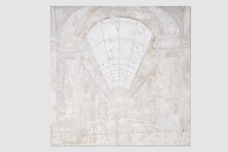 Daniel Senise Sem Título (Louvre), 2023 monotipia de parede em tecido e medium acrílico sobre placa de poliestireno 199 x 199 x 5.5 cm