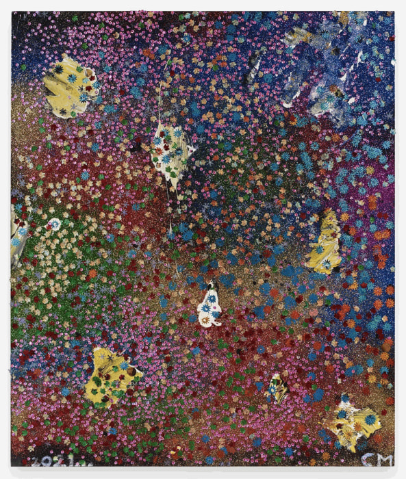 Chris Martin Sem Título, 2021 tinta acrílica, purpurina, colagem e lantejoulas sobre tela 147,3 x 121,9 cm