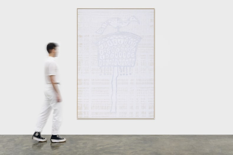 Alberto Pitta Opaxarô, 2024 tinta e impressão sobre tela 205.5 x 143 cm