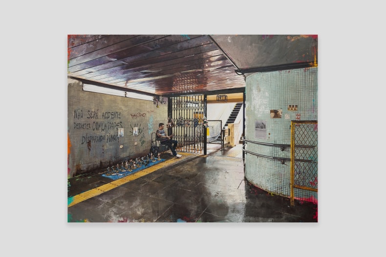 André Griffo O vendedor de miniaturas 8, 2024 tinta acrílica e tinta a óleo sobre tela 177 x 235 cm