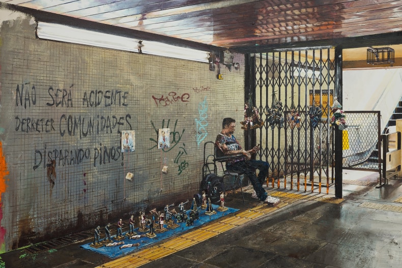 André Griffo O vendedor de miniaturas 8, 2024 tinta acrílica e tinta a óleo sobre tela 177 x 235 cm