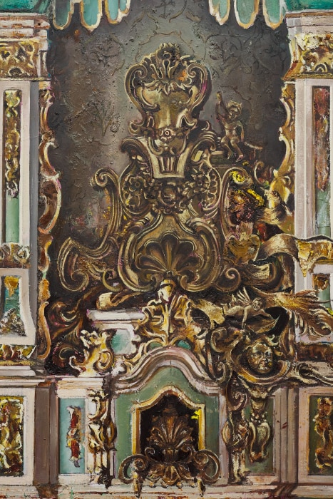 André Griffo A supressão do santo pelo ornamento III, 2024 tinta óleo e acrílica sobre compensado naval 83 x 57 x 1.5 cm