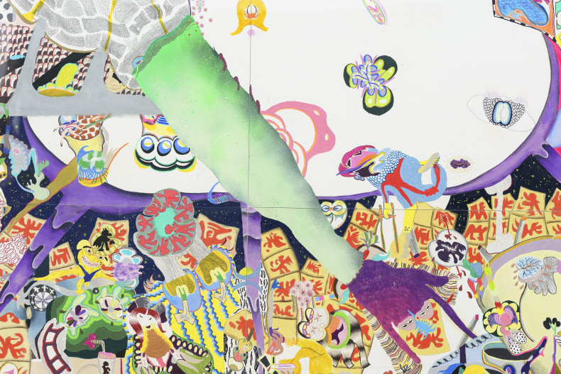 Thiago Barbalho Vingança borderline 2024 lápis de cor, marcador permanente, lápis grafite, caneta esferográfica, spray, tinta acrílica, tinta óleo e pó de lápis de cor sobre papel 210 x 200 cm