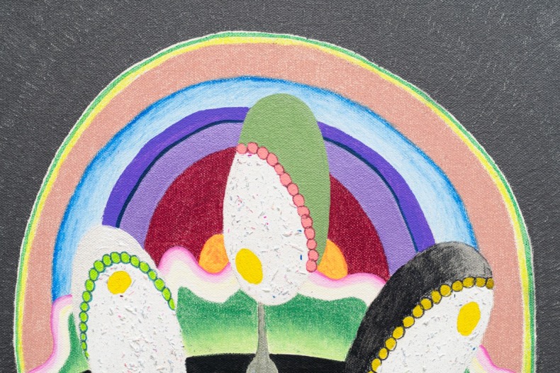 Thiago Barbalho Horizonte com ossos, 2024 óleo, acrílica, lápis grafite, lápis de cor, caneta esferográfica e marcador permanente sobre tela 40 x 30 cm