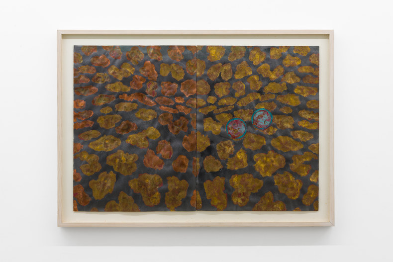 Antonio Dias Sem Título, circa. 1990 grafite, cobre, malaquita e ouro composto sobre papel 76 x 112 cm (díptico)