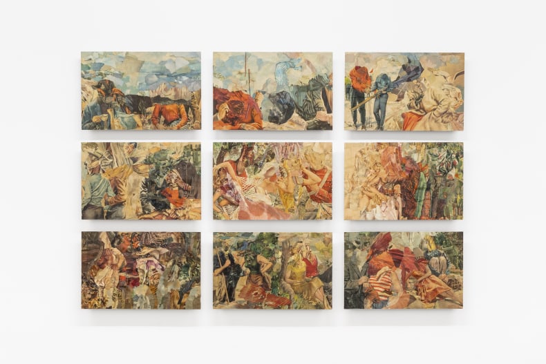 Marcelo Silveira Hotel Solidão (Grupo I) 2019/2021 papel impresso, papel jornal, tecido de algodão, eucatex, tinta PVA, cola branca PVA e madeiras diversas 9 peças de 27,2 x 42,1 x 0,5 cm
