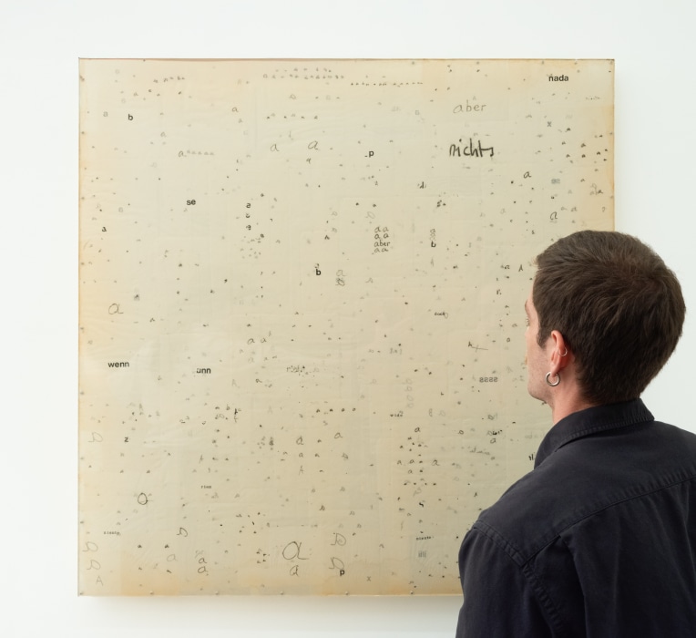 Mira Schendel Sem título (da série Objetos Gráficos) 1967-1968 grafite, Letraset e decalque sobre papel de arroz montados entre chapas acrílicas ed única 100 x 100 cm