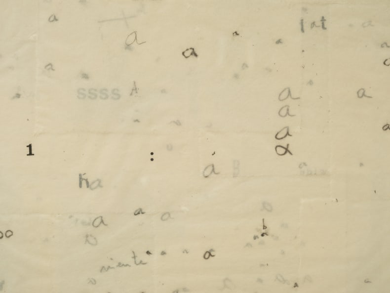 Mira Schendel Sem título (da série Objetos Gráficos) 1967-1968 grafite, Letraset e decalque sobre papel de arroz montados entre chapas acrílicas ed única 100 x 100 cm