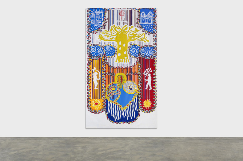 Alberto Pitta Cortejo Afro 2024 pintura e serigrafia sobre tela 287,5 x 174 cm