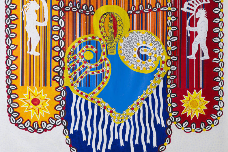 Alberto Pitta Cortejo Afro 2024 pintura e serigrafia sobre tela 287,5 x 174 cm