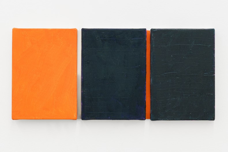 Sérgio Sister Pintura com ligações prata, ocre e laranja, 2021 óleo sobre tela e alumínio 24 x 72 cm