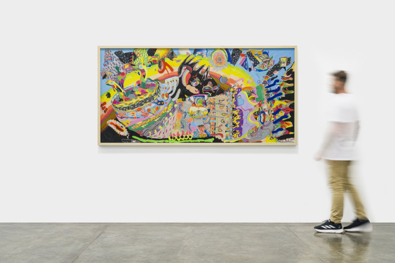 Thiago Barbalho Triptych II, 2017 tinta acrílica, giz de cera, lápis de cor, lápis grafite, caneta esferográfica, marcador permanente, pastel oleoso e tinta spray sobre papel 112 x 230 cm