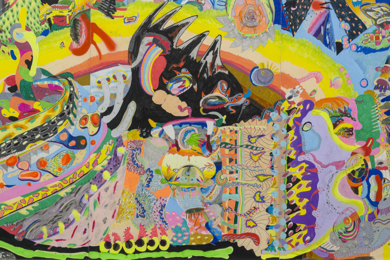 Thiago Barbalho Triptych II, 2017 tinta acrílica, giz de cera, lápis de cor, lápis grafite, caneta esferográfica, marcador permanente, pastel oleoso e tinta spray sobre papel 112 x 230 cm