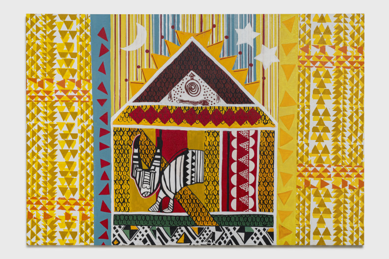 Alberto Pitta Casa de Oxumarê 2025 pintura e serigrafia sobre tela 164 x 240,5 x 3,5 cm