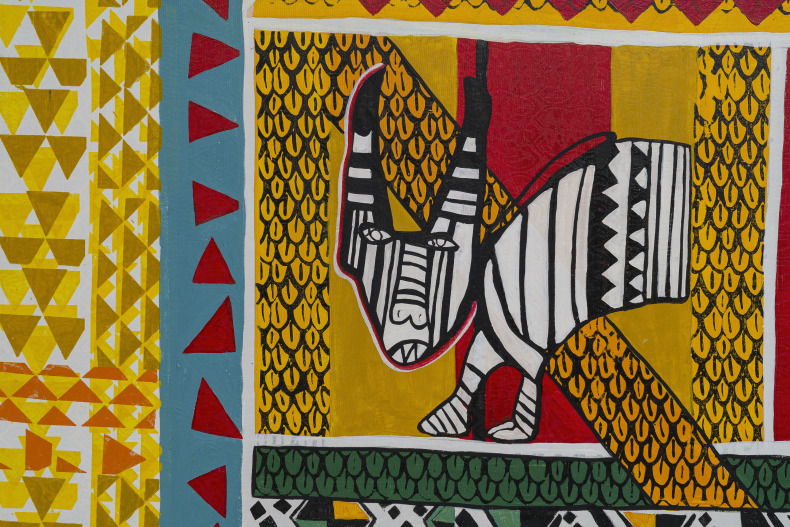 Alberto Pitta Casa de Oxumarê 2025 pintura e serigrafia sobre tela 164 x 240,5 x 3,5 cm